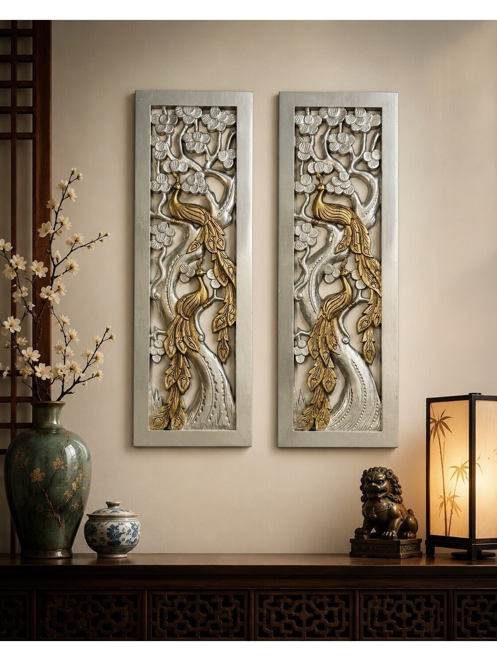 Thailand 1980s Set Of 2 Carved Wood Wall Panels Peacock Silver Gold, 12x35"